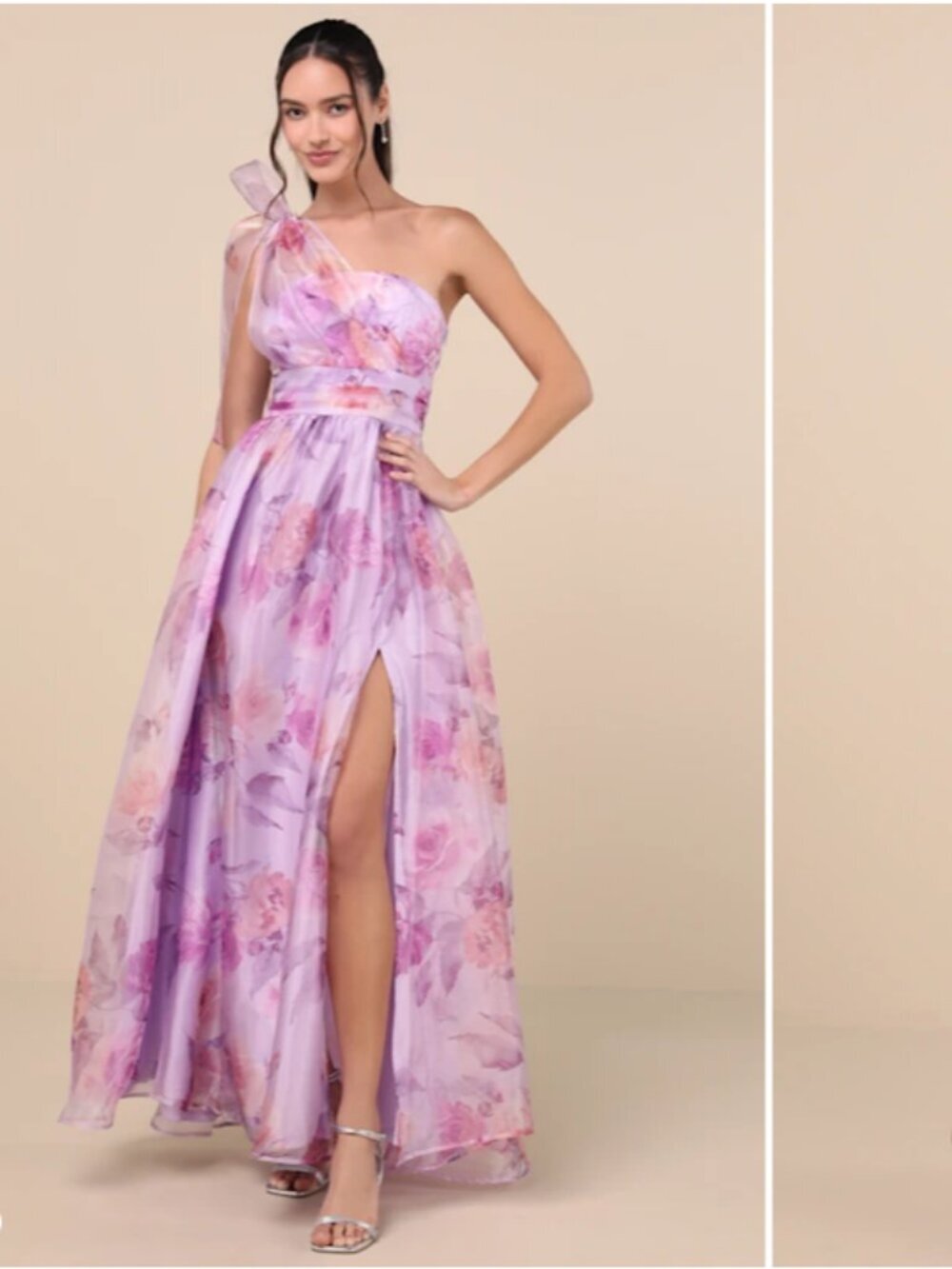 Lulu's Lilac Floral One-Shoulder High-Slit Gown